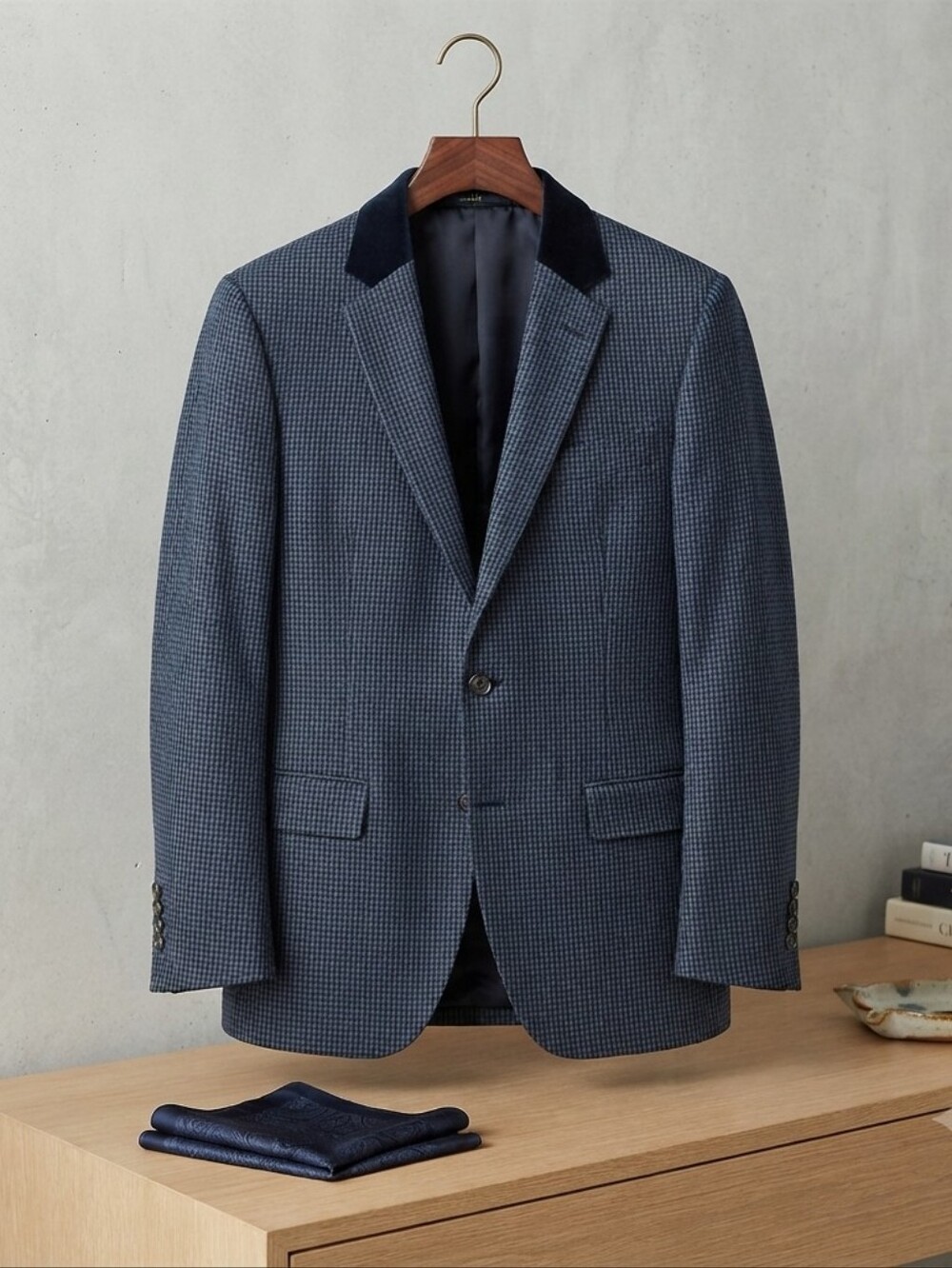 Lauren Ralph Lauren Men's Blazer Sport Coat 42L Blue Houndstooth Velvet Collar
